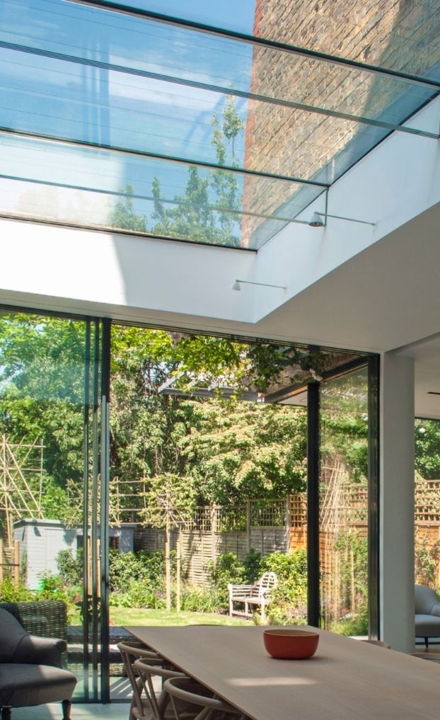 low iron glass used in roof glazing for glass beams