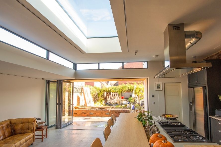 flat fixed rooflight used in a modern kitchen extension