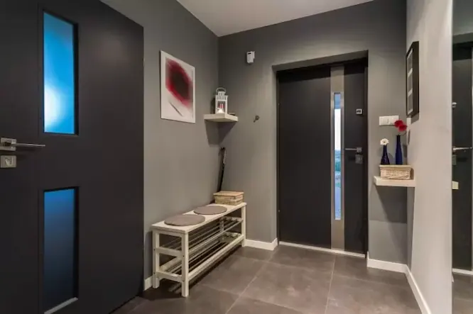 modern black aluminium entrance door with a slim vertical glass pane