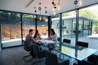 sieger glazing showroom with a glass meeting room in the best glazing showroom in England