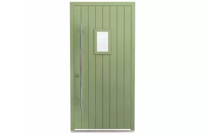 rural style aluminium framed entrance door in pastel green