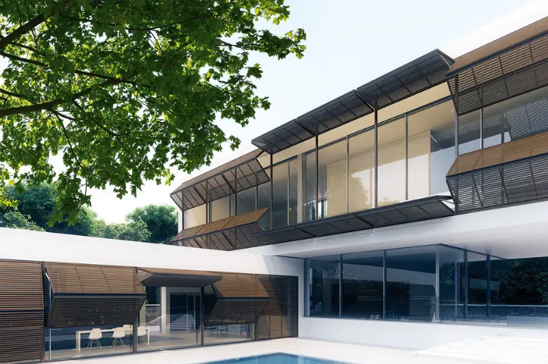 louvred automated external shading solutions for large glazing elevations and glass facades creating a modern external shading solution