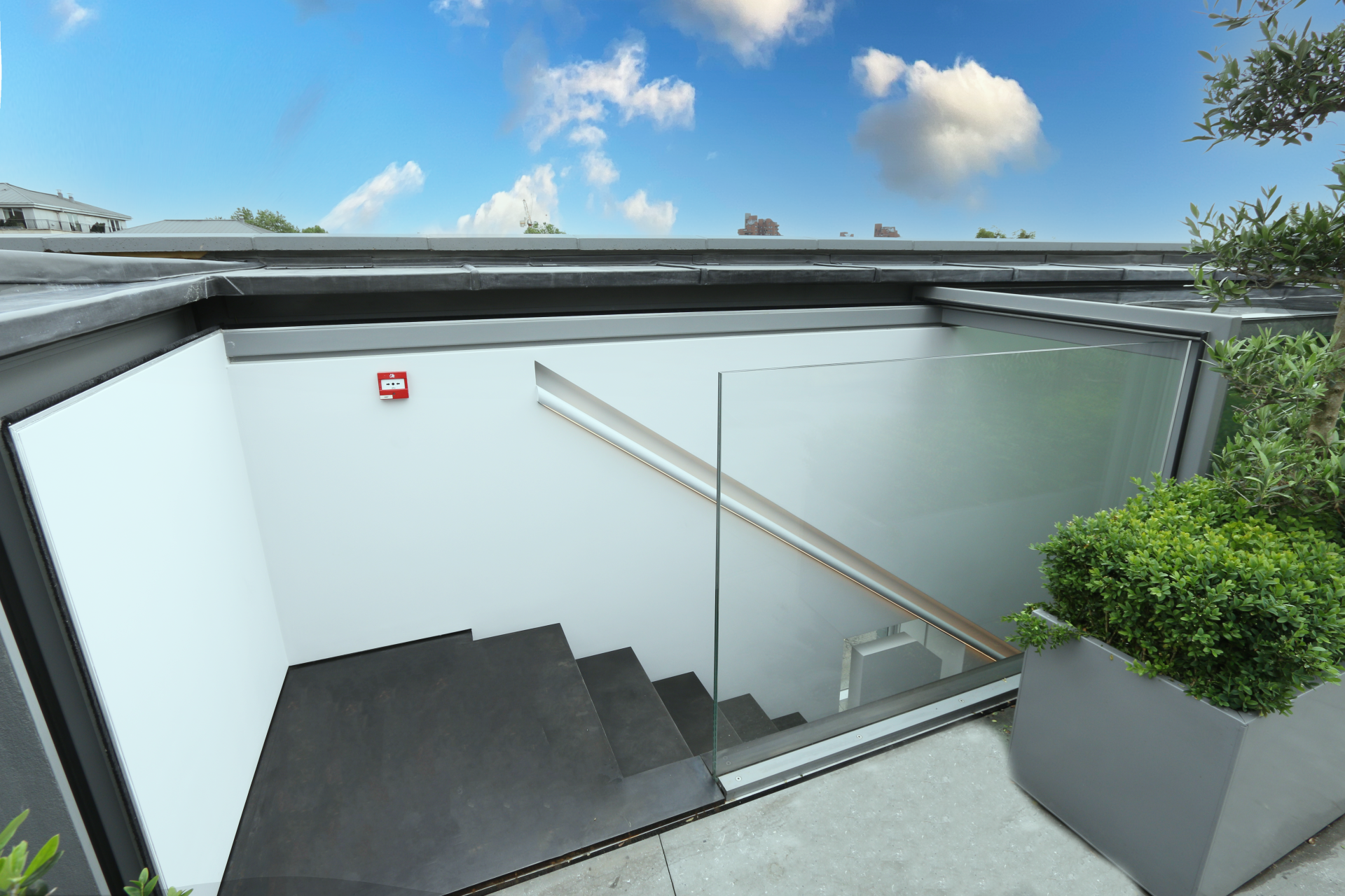 a close up shot of the automated rooflight system in the open position - hera electric rooflight - sieger systems