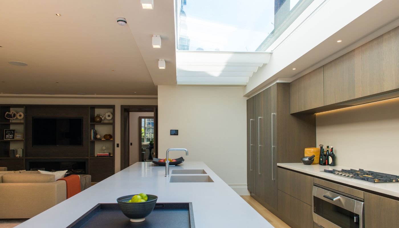 Kitchen view of a M.A.R.S automated rooflight - Bedford Gardens - Sieger Systems
